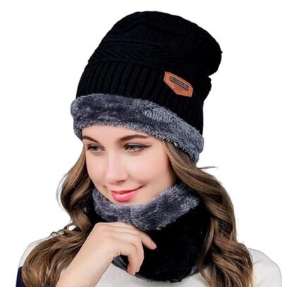 Winter Knit Woolen Cap with Neck Warmer Scarf Set – Warm & Stylish for Men & Women