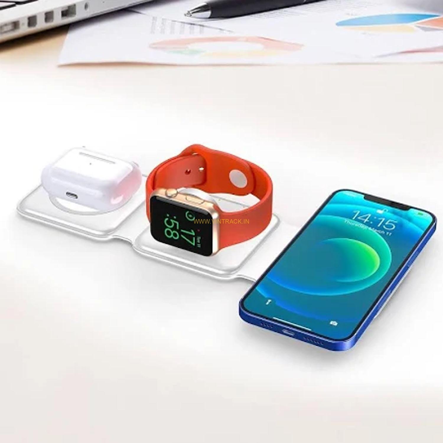 3 in 1 Magnetic Foldable MagSafe Compatible Wireless Charger for All iPhone Series | Compatible with only Apple Watch Series | AirPods 2, 2 Pro, 3, | Wireless Charger | Ultra-Fast Charging
