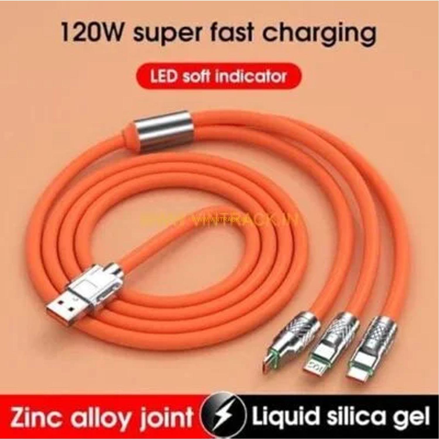 3-in-1 Cable 1 m Mobile Retractable Charging Data Cable Charging Pad 120W Multiple Port Cable (Compatible with All Type Of Android, Type-C And iOS Smartphones, Orange, One Cable) - Image 2