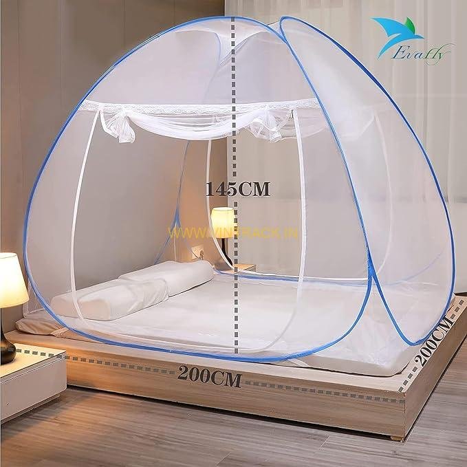Mosquito Net for Double Bed | King Size Foldable Machardani | Polyester 30GSM Strong Net |PVC Coated Corrosion Resistant Steel Wire - Blue
