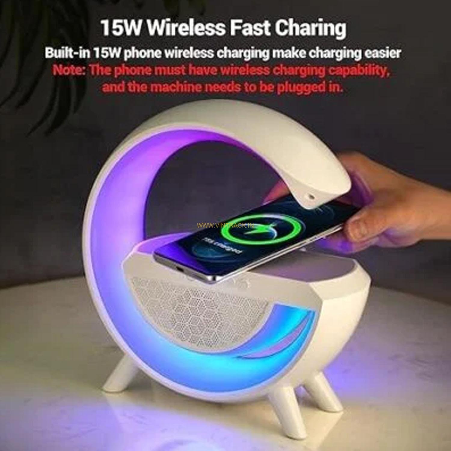 G Speaker Lamp - APP Control 3 in 1 Multi-Function Bluetooth Speaker with Wireless Fast Charging, RGB Light and Sunrise Alarm Clock for Bedroom & Bedside Table Wireless Charger Lamp - Image 4