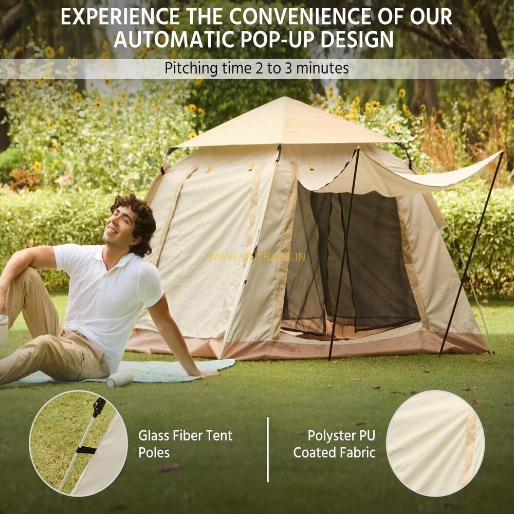 Outdoor Auto Tent – Water-Resistant Portable Instant Big Bird Tent for 3-4 Person Camping, Hiking & Trekking (Beige) - Image 3